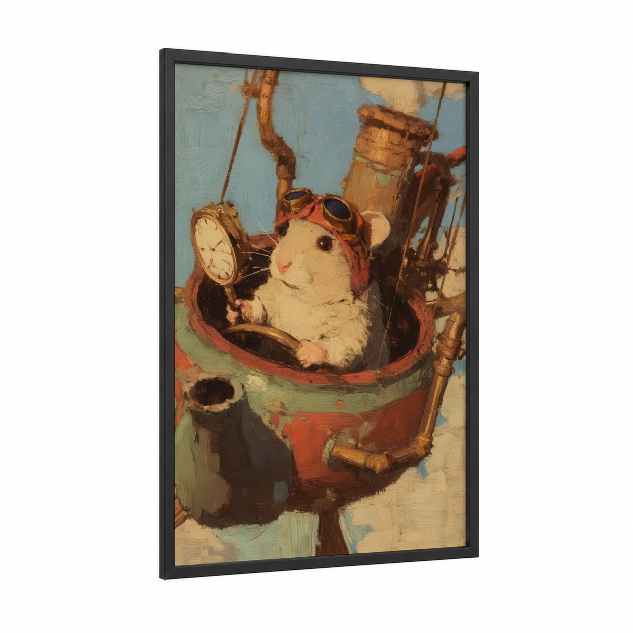 Steampunk Hamster framed art print — black wood frame — blue and gold palette