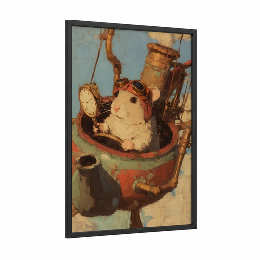 Steampunk Hamster framed art print — black wood frame — blue and gold palette