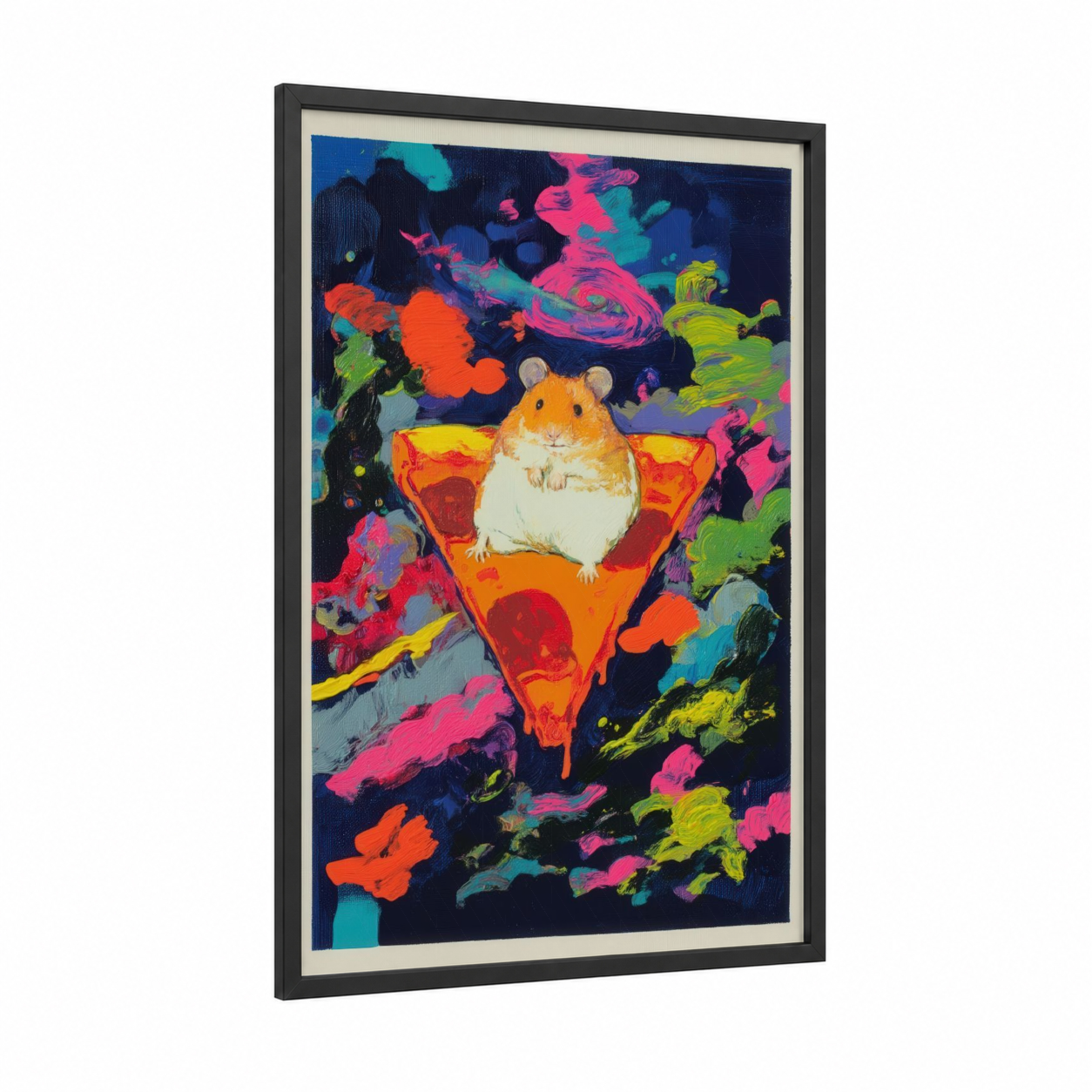 Pizza Hamster framed art print — black wood frame — magenta and lime green palette
