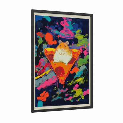 Pizza Hamster framed art print — black wood frame — magenta and lime green palette