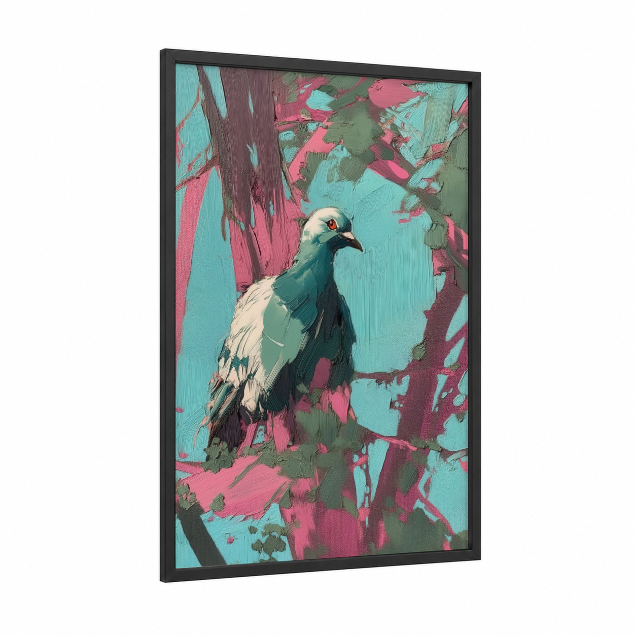 Tropical Pigeon framed art print — black wood frame — turquoise and magenta palette