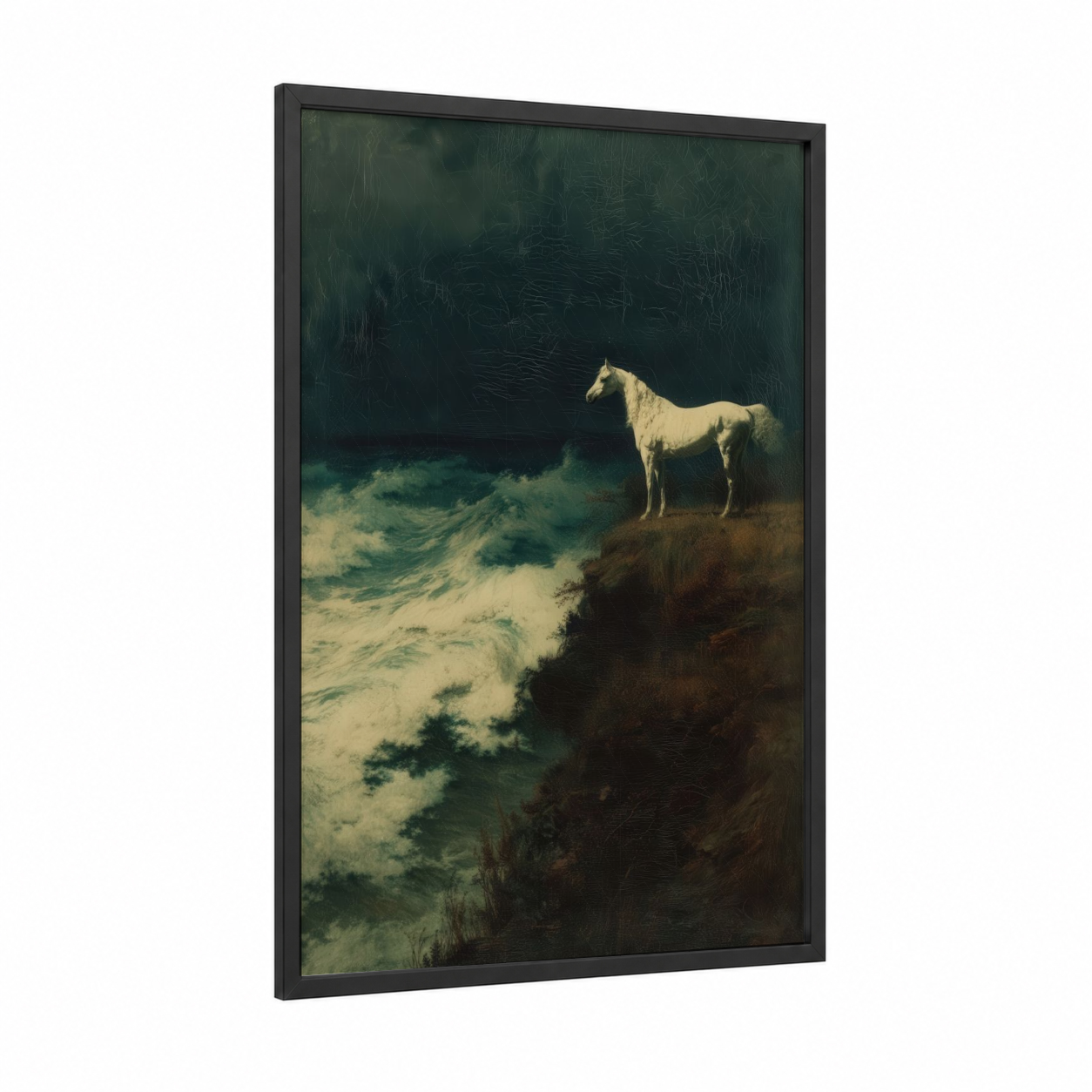 Pale Arabian Cliff framed arabian horse print — black wood frame — dark green and dove gray palette