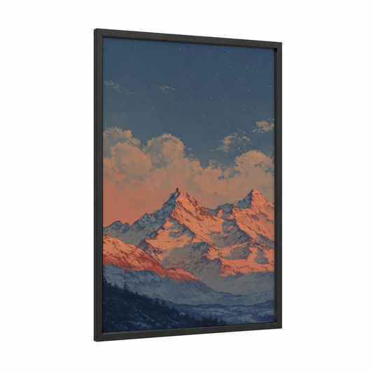Golden Himalayan Peaks framed himalayas print — black wood frame — blue and salmon pink palette