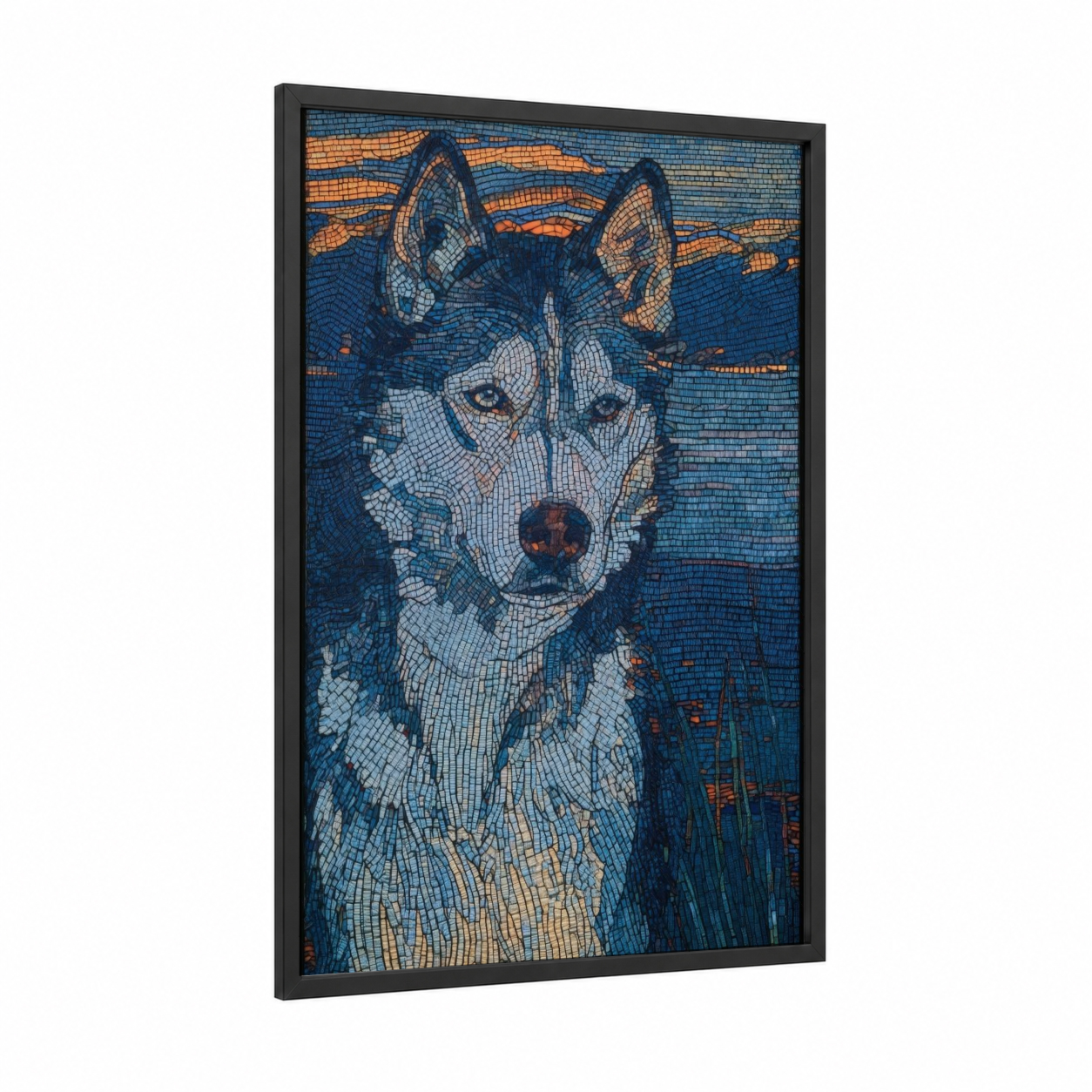 Arctic Husky Portrait framed art print — black wood frame — blue and white and orange palette