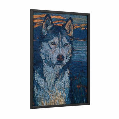 Arctic Husky Portrait framed art print — black wood frame — blue and white and orange palette