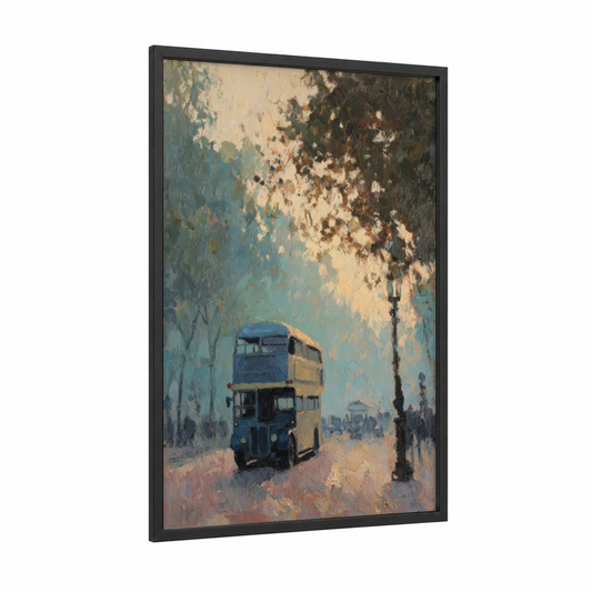 Vintage London Bus framed art print — black wood frame — blue and gold and gray palette