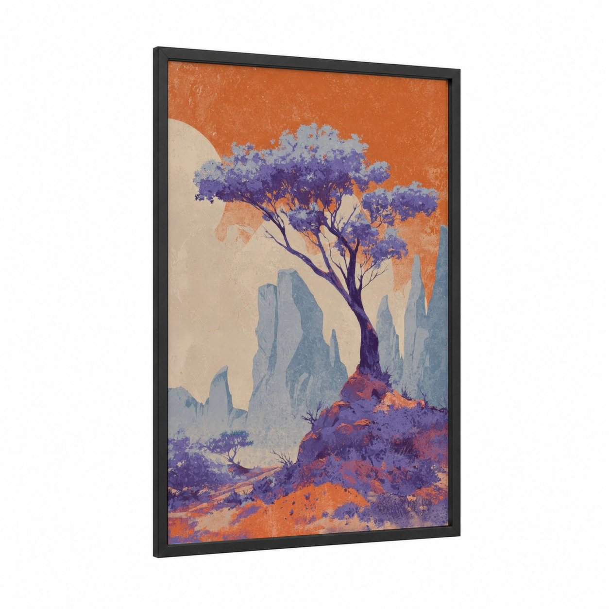 Purple Desert Tree framed savanna and desert trees print — black wood frame — orange and purple palette