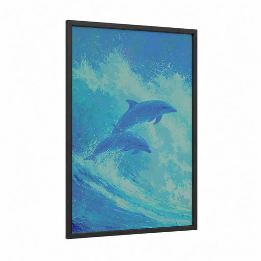 Dancing Dolphins framed animals in love print — black wood frame — blue and turquoise palette