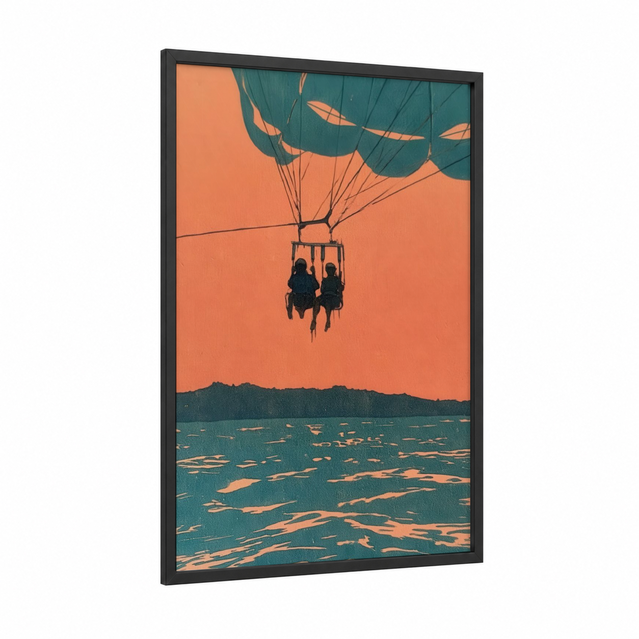 Sunset Parasailing framed art print — black wood frame — orange and teal palette