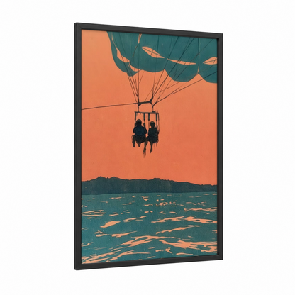 Sunset Parasailing framed art print — black wood frame — orange and teal palette