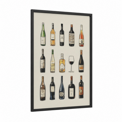 Wine Collection Vintage framed red wine print — black wood frame — cream and black and white palette