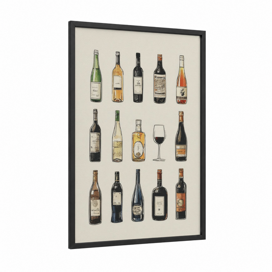 Wine Collection Vintage framed red wine print — black wood frame — cream and black and white palette