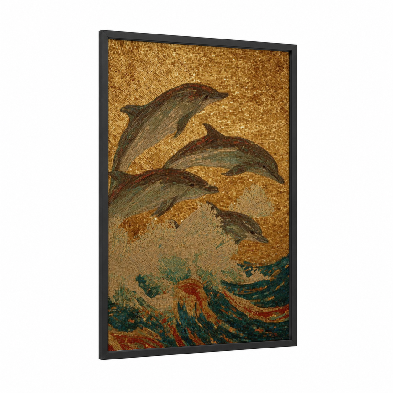 Ancient Dolphins Mosaic framed art print — black wood frame — gold and sage green palette