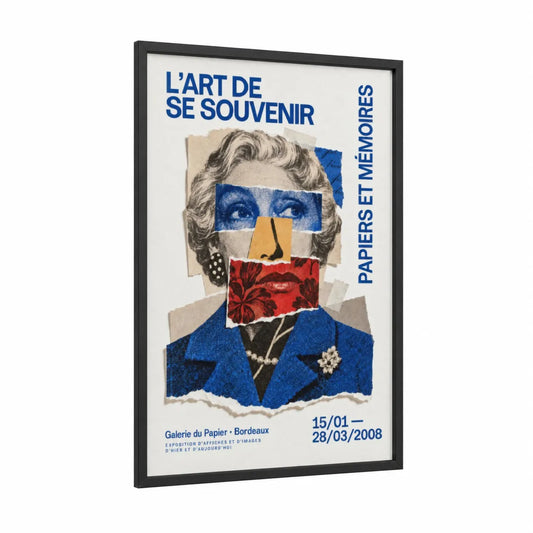 Vintage French Fashion Collage Wall Art framed fashion illustration print — black wood frame — blue and red palette