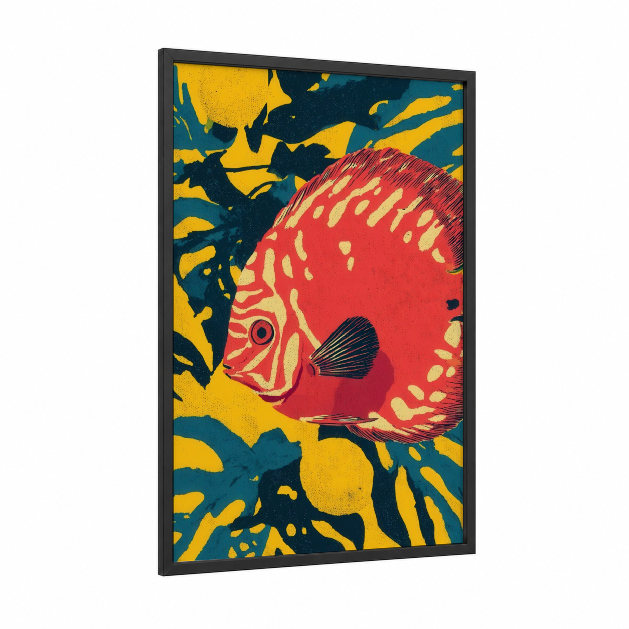 Crimson Discus Fish framed art print — black wood frame — red and yellow gold palette