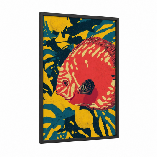 Crimson Discus Fish framed art print — black wood frame — red and yellow gold palette