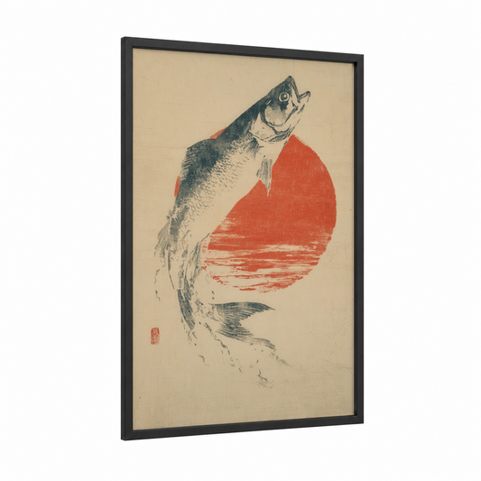 Rising Tarpon framed art print — black wood frame — red and black and white palette