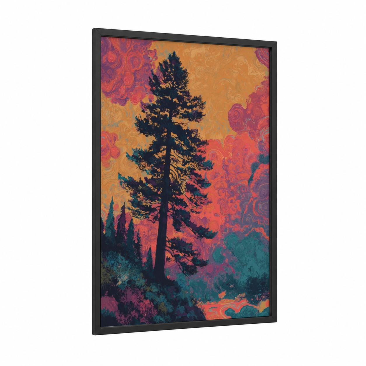 Crimson Redwood Sunset framed redwood tree print — black wood frame — orange and magenta palette