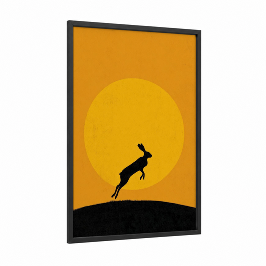 Leaping Hare framed easter print — black wood frame — yellow gold and black palette