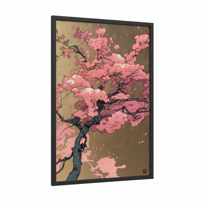 Blossoming Cherry Tree framed cherry blossoms print — black wood frame — pink and gold palette