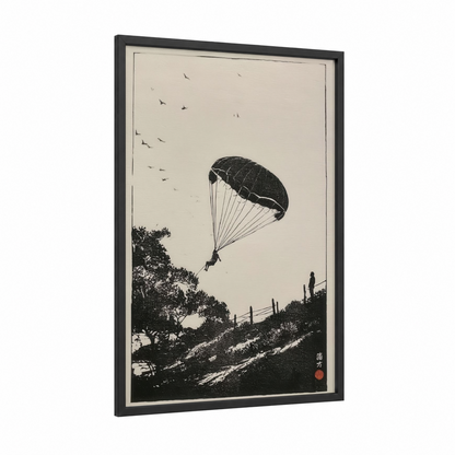 Vintage Parasailing framed art print — black wood frame — black and white palette