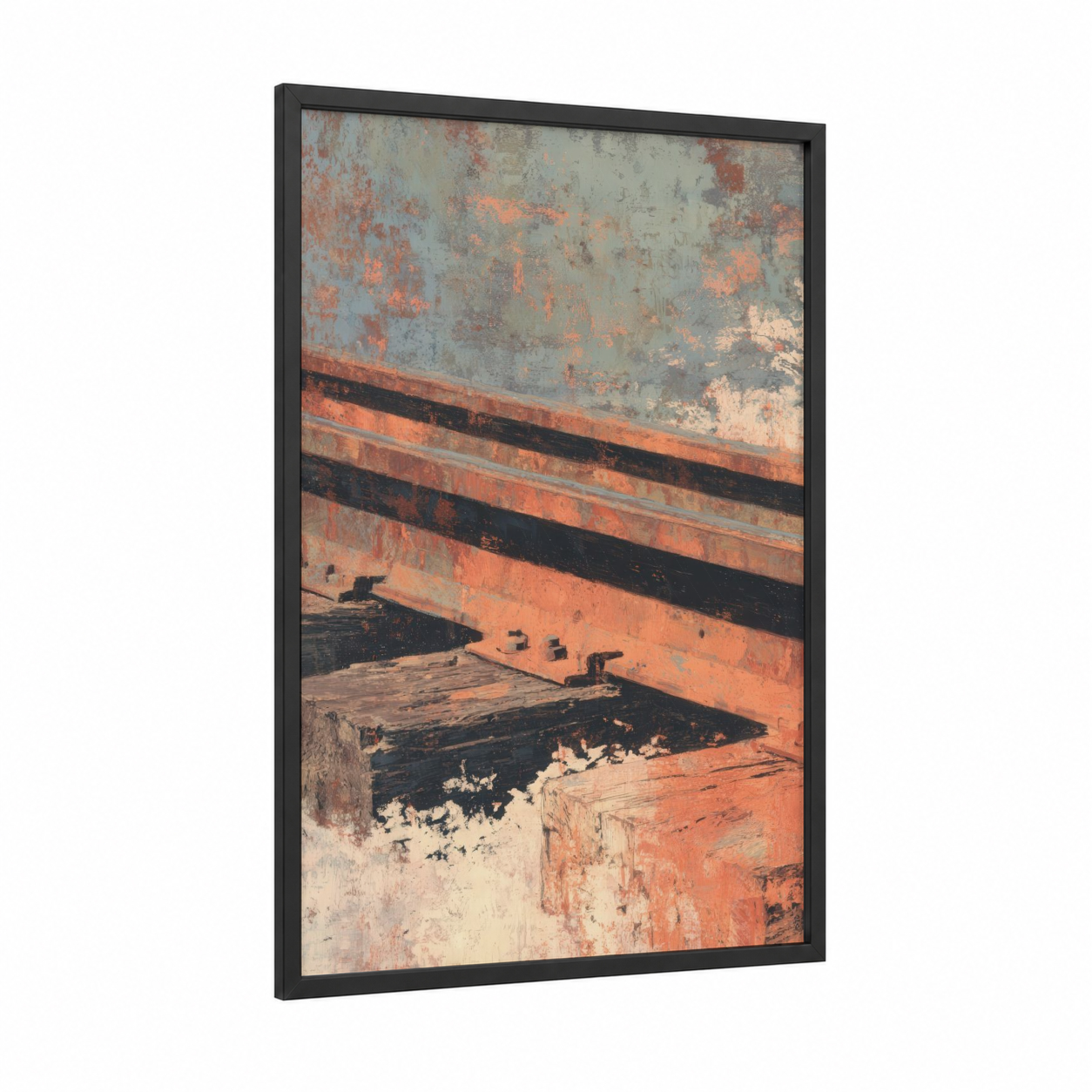 Rusty Rails framed train tracks print — black wood frame — dove gray palette