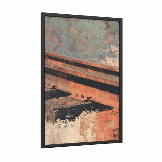 Rusty Rails framed train tracks print — black wood frame — dove gray palette