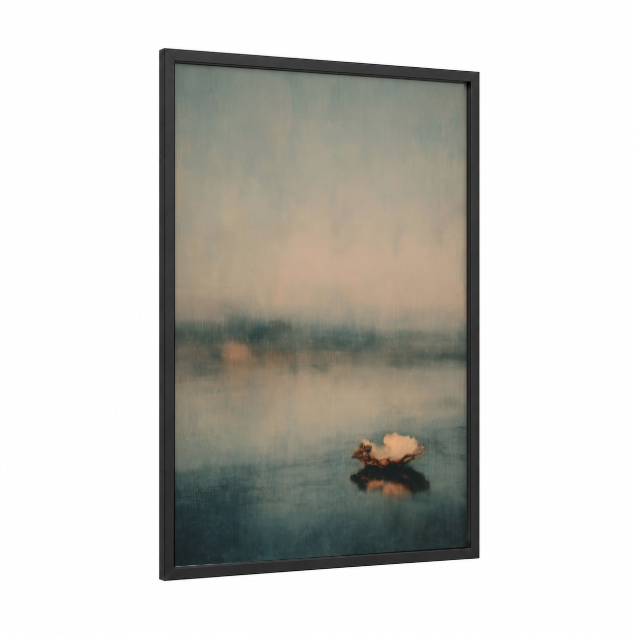 Solitary Oyster framed art print — black wood frame — gray and white and peach palette