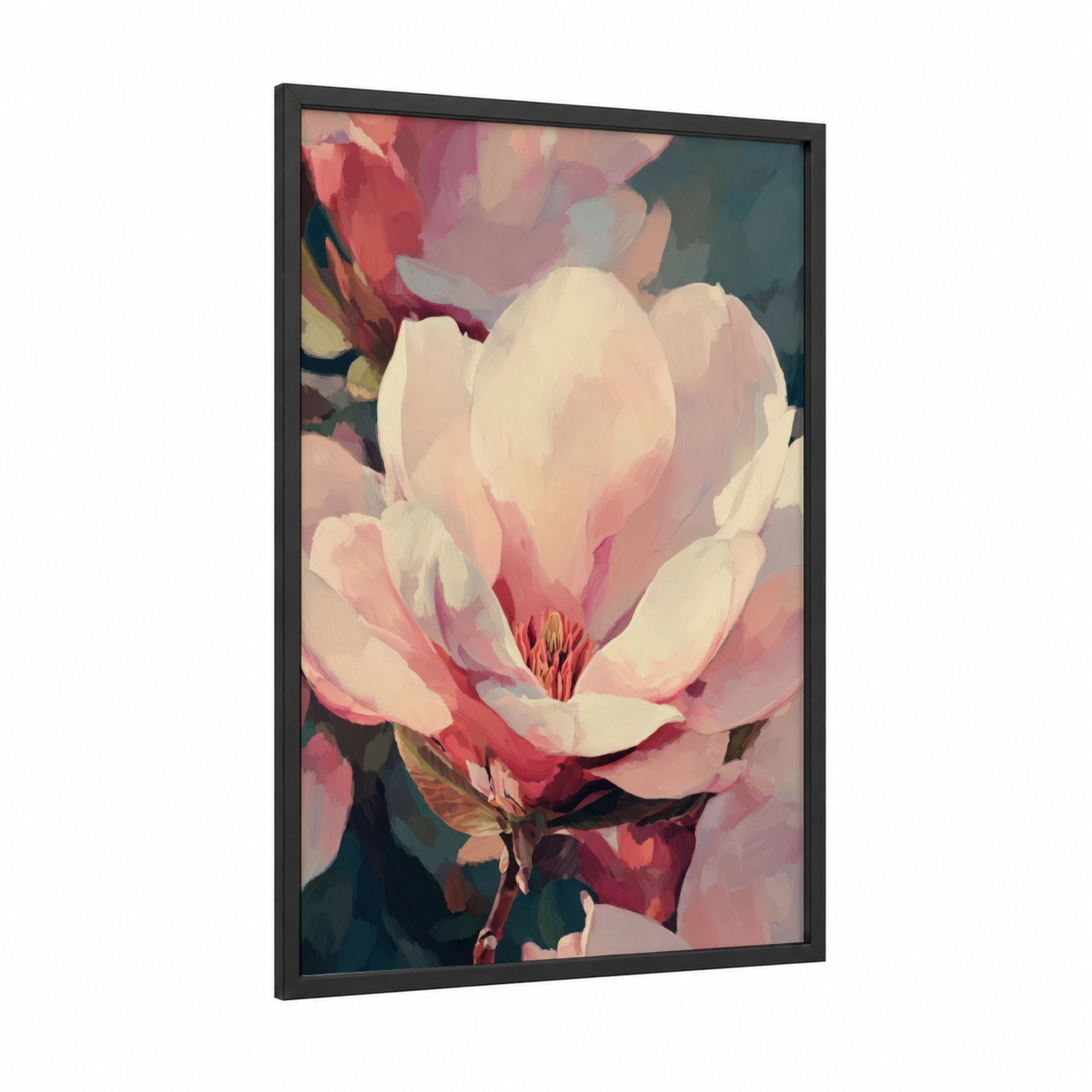Blushing Magnolia framed art print — black wood frame — peach and white palette