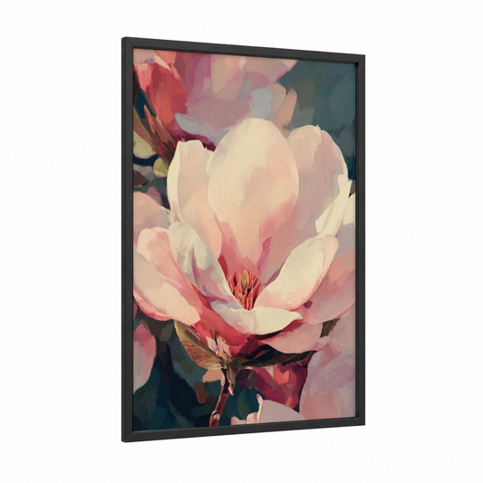 Blushing Magnolia framed art print — black wood frame — peach and white palette
