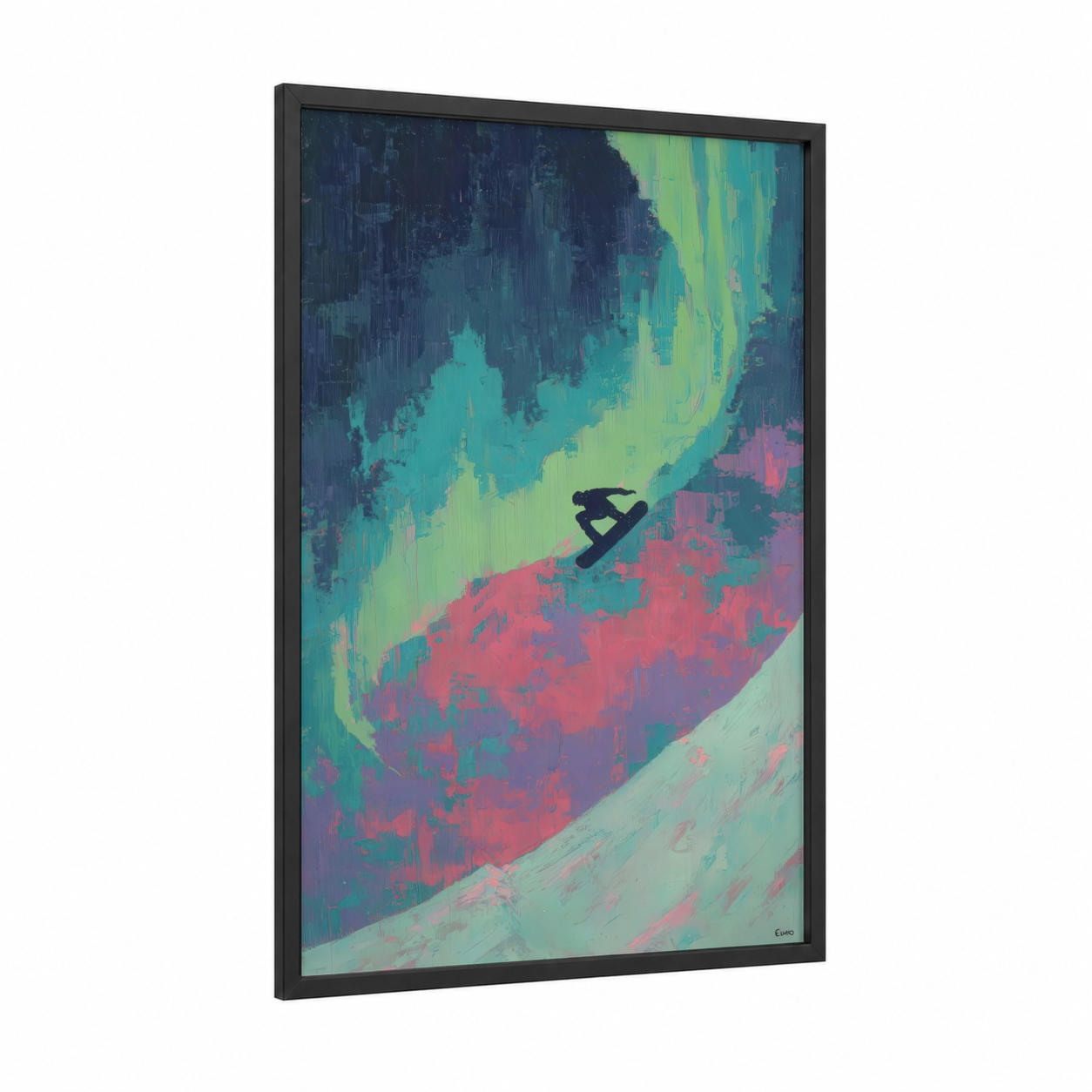 Aurora Snowboarder framed snowboarding print — black wood frame — teal and magenta palette