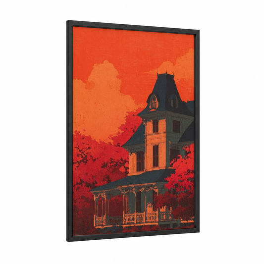 Crimson Victorian Manor framed house print — black wood frame — red and orange palette