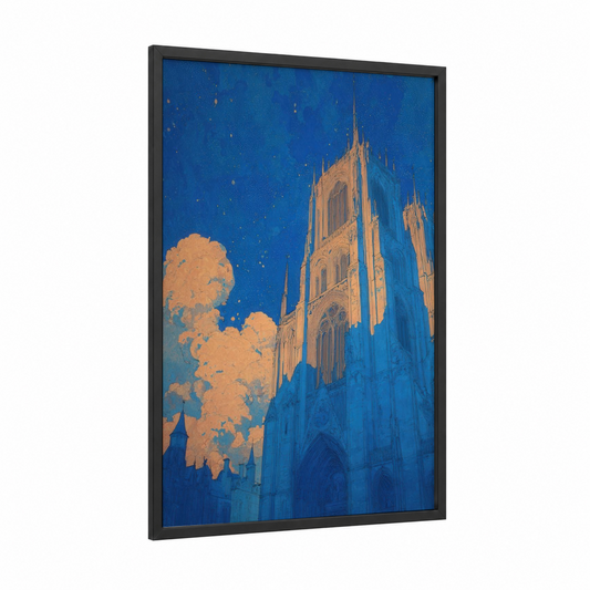 Amiens Cathedral Night framed art print — black wood frame — blue and gold palette