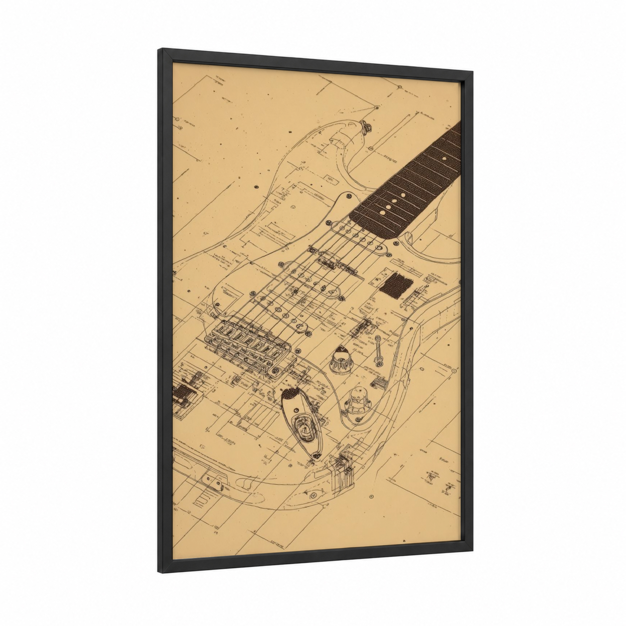 Blueprint Guitar framed electric guitar print — black wood frame — beige and black palette