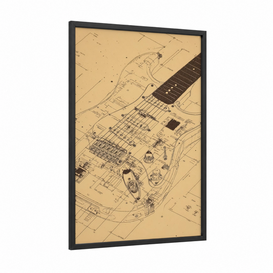 Blueprint Guitar framed electric guitar print — black wood frame — beige and black palette