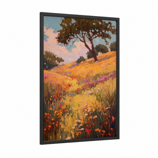 Golden Wildflower Meadow framed summer print — black wood frame — yellow gold and peach palette