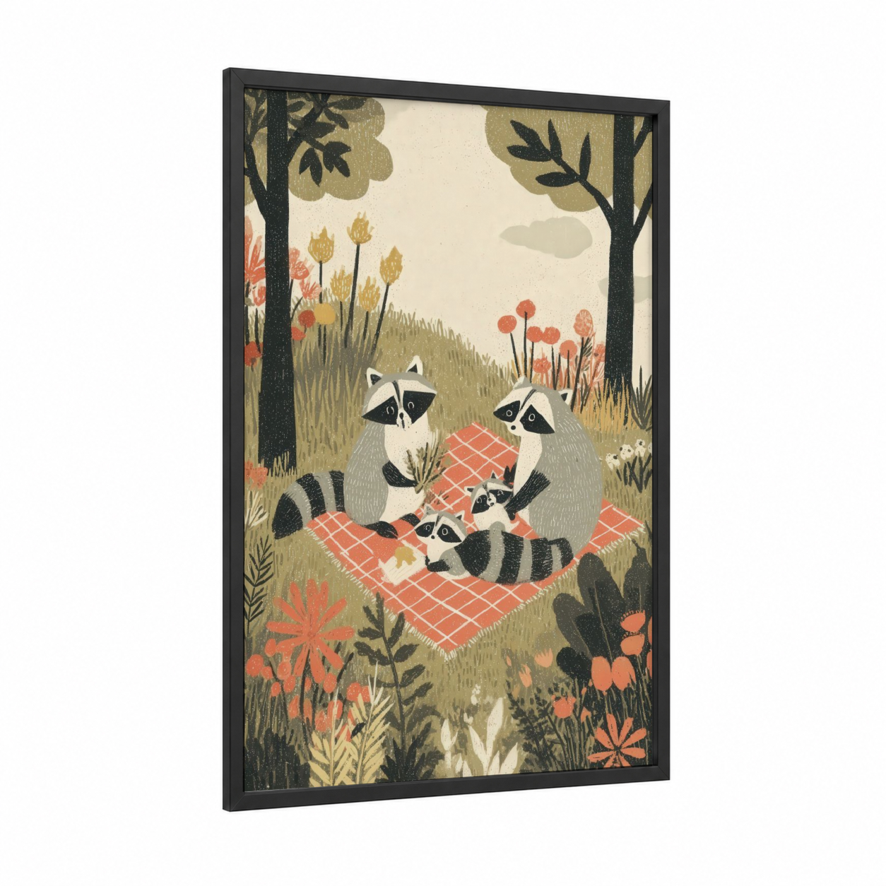 Picnic Raccoons framed art print — black wood frame — cream and salmon pink palette