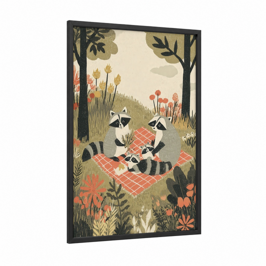 Picnic Raccoons framed art print — black wood frame — cream and salmon pink palette