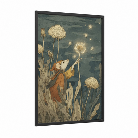 Dandelion Mouse framed mice print — black wood frame — teal and gold palette