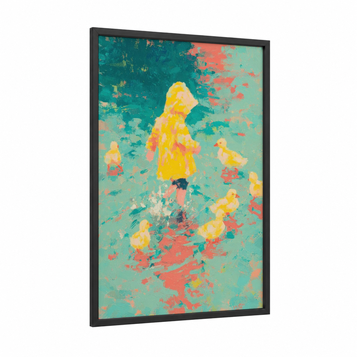 Cheerful Ducklings framed kids animals print — black wood frame — teal and yellow gold palette