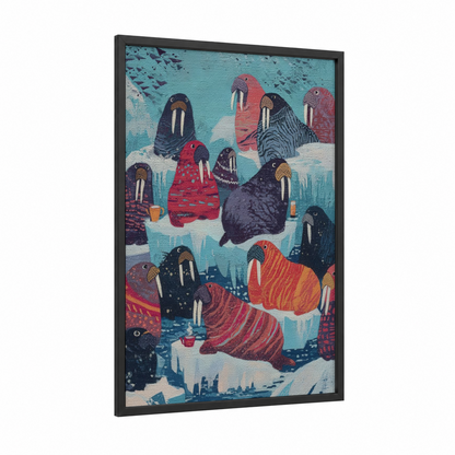 Arctic Walrus Gathering framed art print — black wood frame — aquamarine and red palette