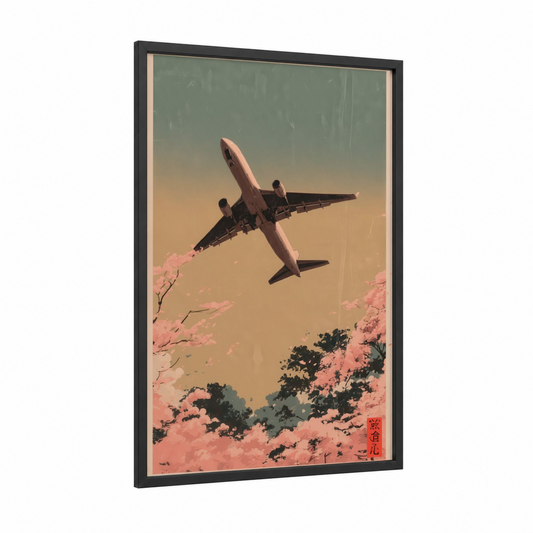 Crimson Ascent framed vintage airplane print — black wood frame — salmon pink and gold palette