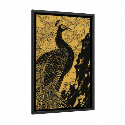 Golden Peacock framed art print — black wood frame — gold and black and white palette