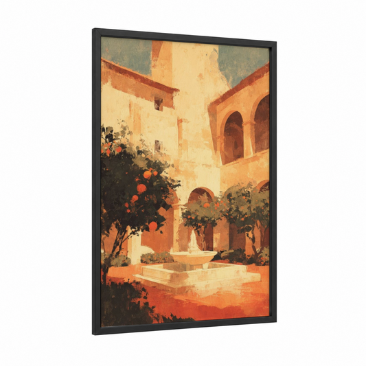 Sunny Monastery Courtyard framed art print — black wood frame — gold and russet palette