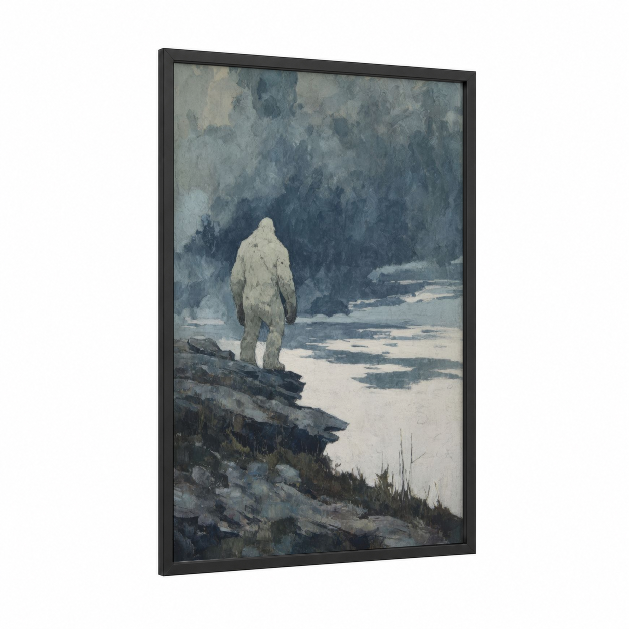 Solitary Yeti framed art print — black wood frame — blue and white and gray palette