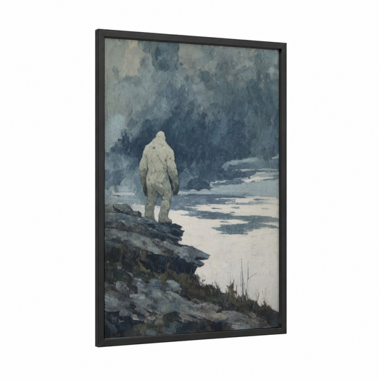 Solitary Yeti framed art print — black wood frame — blue and white and gray palette