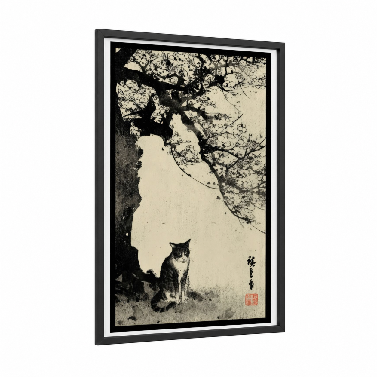 Cherry Blossom Cat framed art print — black wood frame — black and white and cream palette