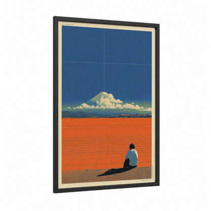 Solitary Mountain framed japanese y2k print — black wood frame — dark blue and orange palette