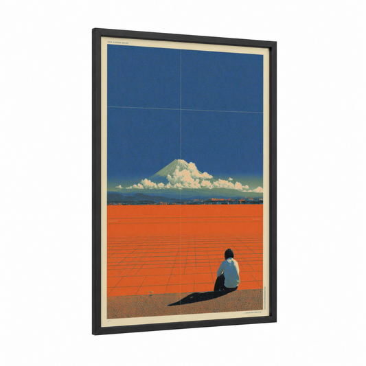Solitary Mountain framed japanese y2k print — black wood frame — dark blue and orange palette