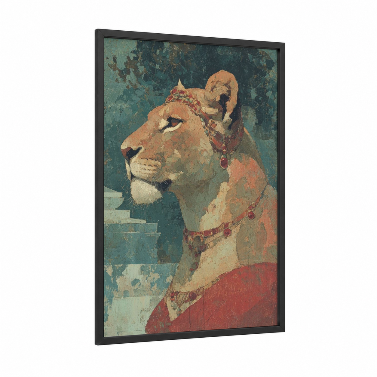 Ornate Sphinx framed art print — black wood frame — gold and teal palette